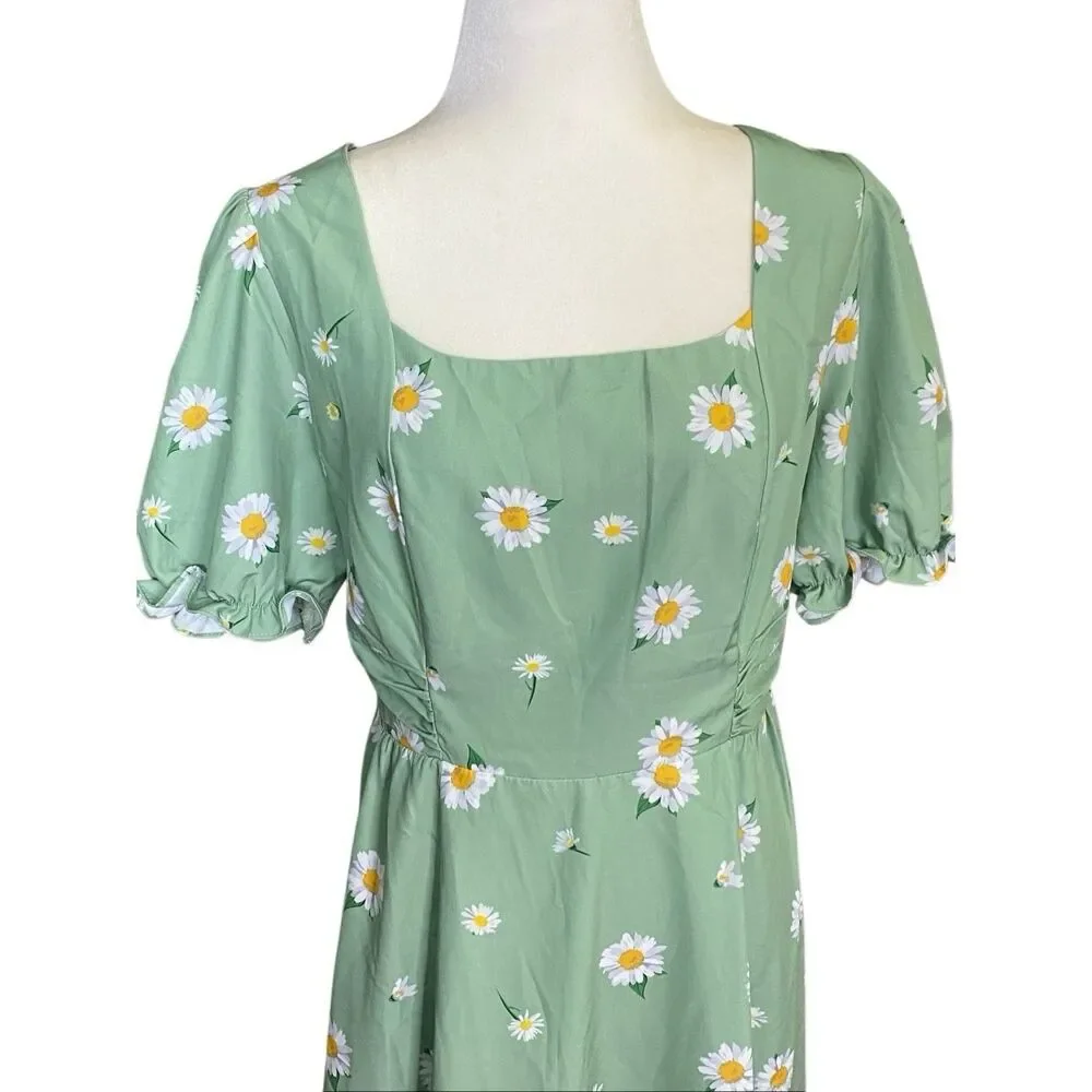 Belle Poque A Line Fit & Flare Green Daisy Midi Dress Womens XL Pockets Smocked - Picture 5 of 9
